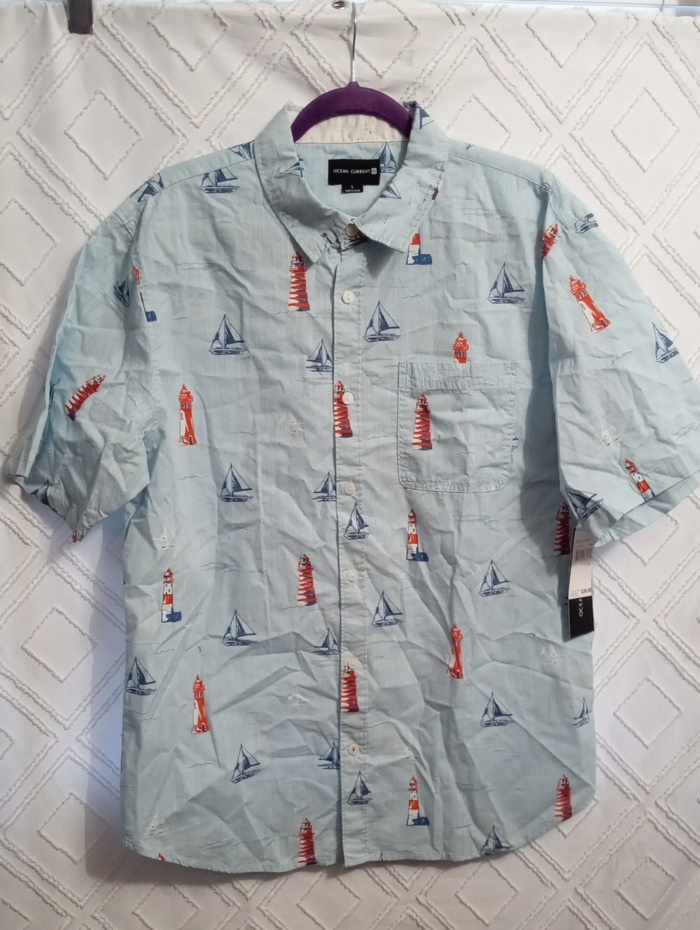.* ❤️Ocean Current Light Blue Shirt with Red Nautical Lighthouses⭐️